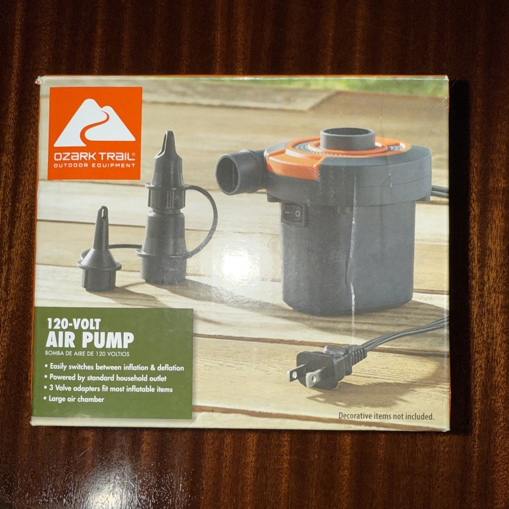 Ozark trail 120 Volt powered air pump new open box Inflates,  Deflates‎ 3 Adap